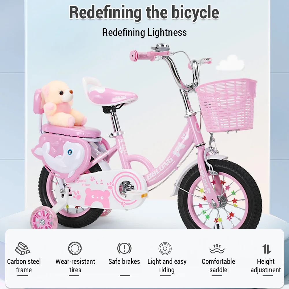 Kids Bike 12-20in Bicycle for Girls Ages 3-13 Years with Training Wheels Basket Protective Net Fash Wheel