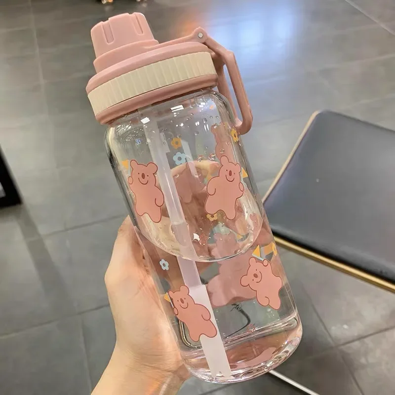 

Water Cup Household Transparent Glass Material Cartoon Printing Women's Simple Portable Large Capacity Round withStraw Graduated