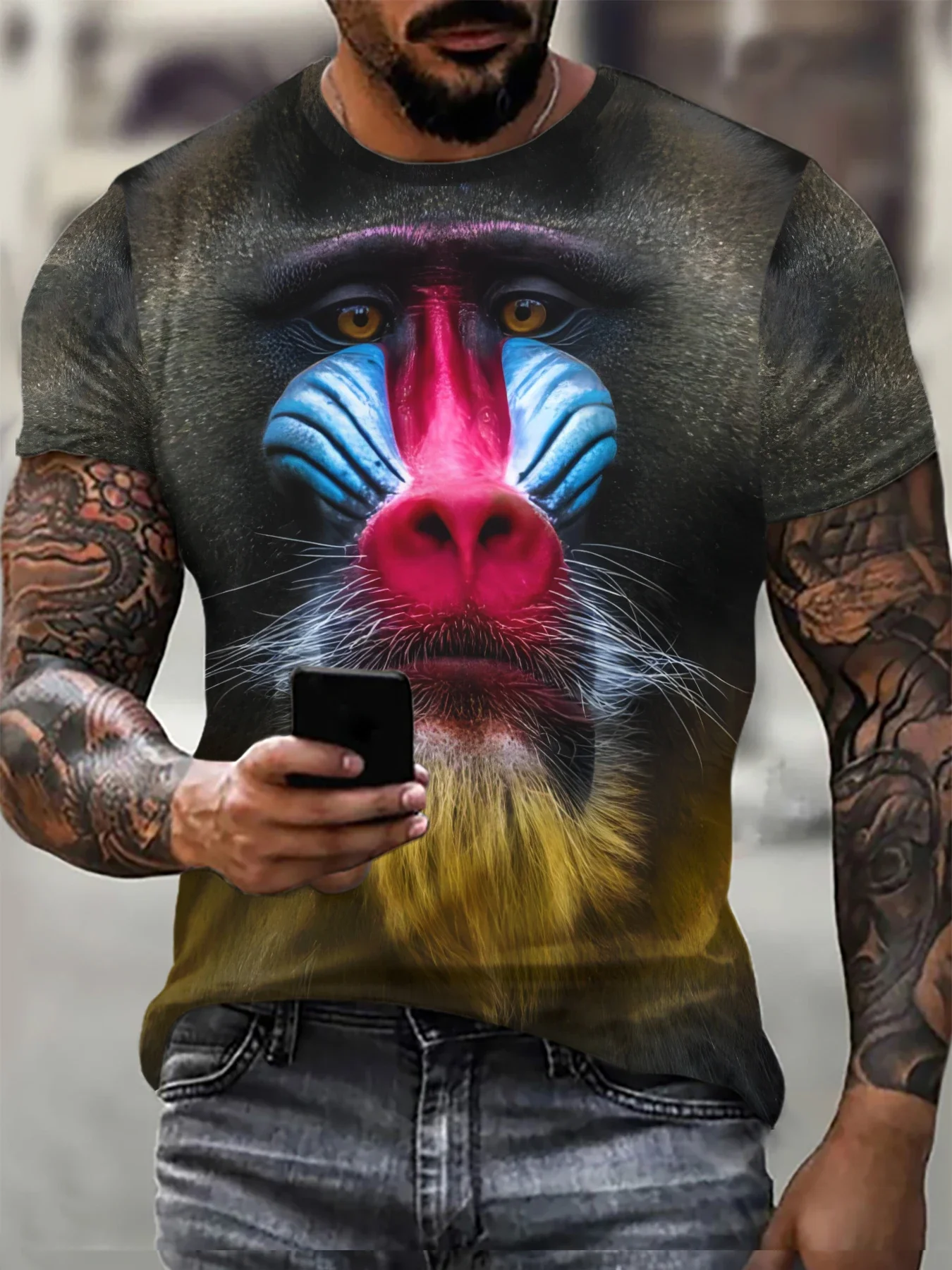 

Men Creative Personalized Baboon Face 3D Full Digital Printed Round Neck Pullover T-shirt Casual New Summer Street Men's Wear