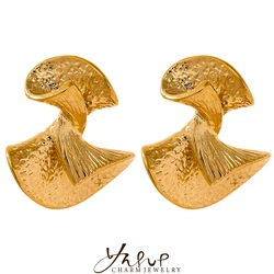 Yhpup Creative Metal Fan Stainless Steel Charm Golden Stud Earrings  Women Waterproof Temperament Fashion Statement Jewelry