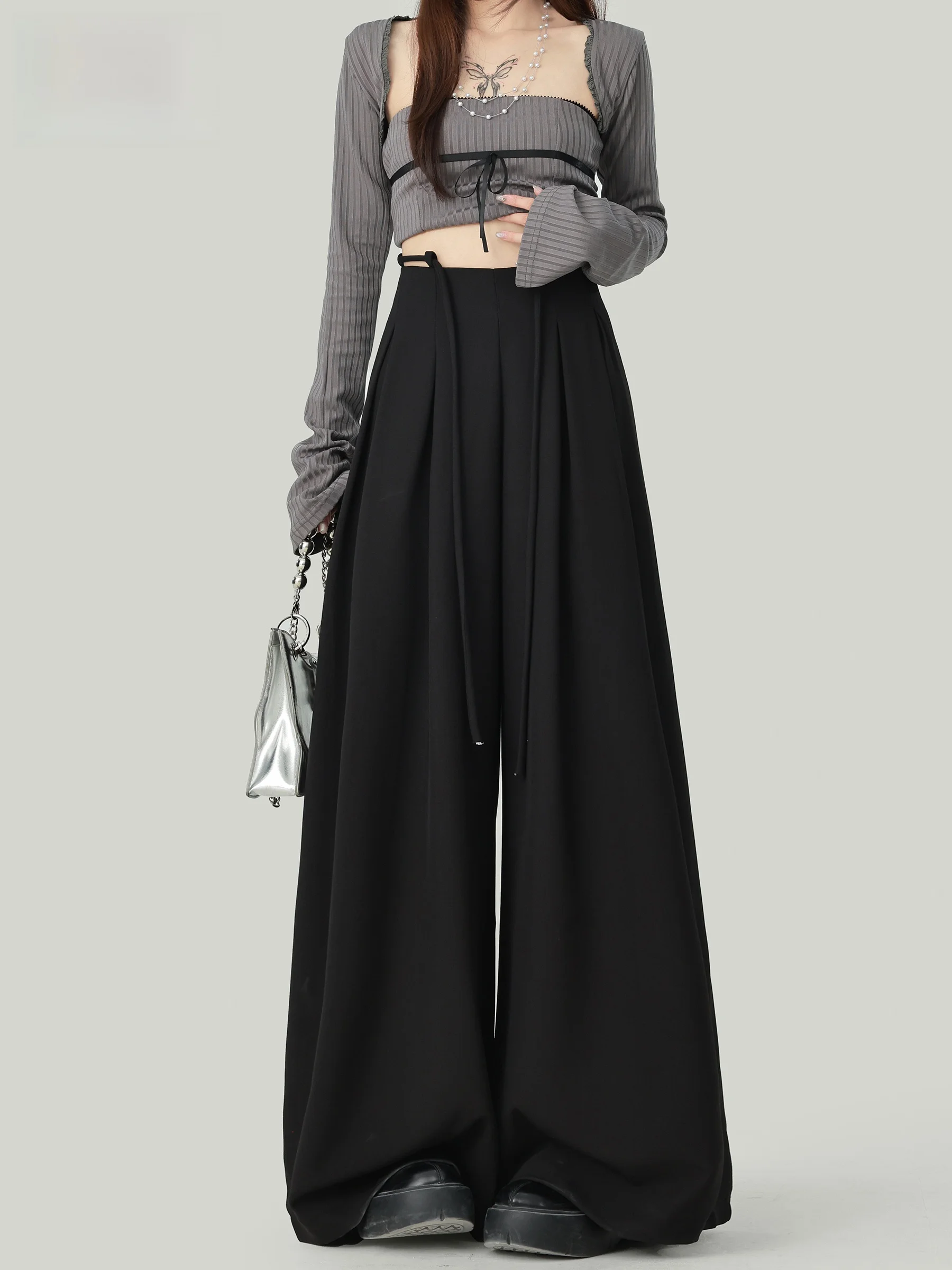 

Элегантные черные брюки с широкими штанинами и поясом, женские повседневные свободные драпированные брюки с высокой талией, стройнящие, осенние, новые модные брюки-костюм.