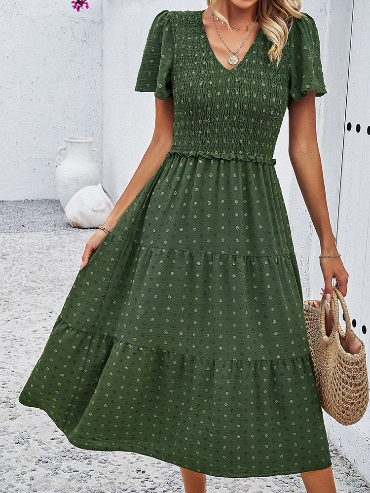 

Jacquard Long Dresses Women Summer Pleated Dress Ladies Casual Short Sleeve Holiday Dresses Female Solid Color Vestidos Mujer