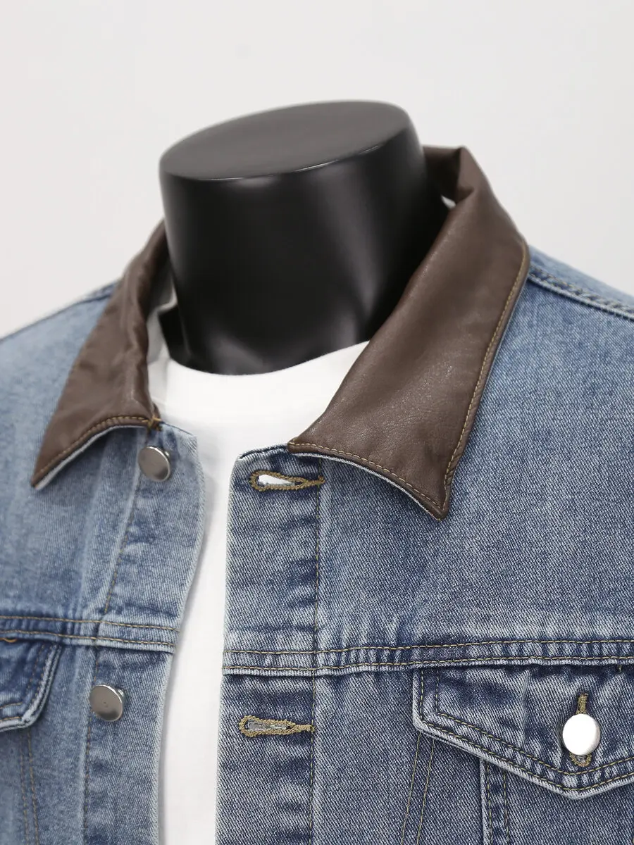 

Retro Waed PU Leather Collared Motorcycle Jaet Loose Fit Youthful Trendy Streetwear for Men And Women Casual Denim Jaet