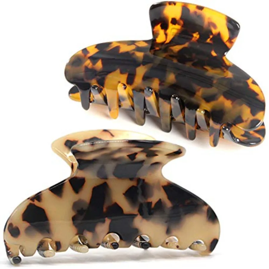 2 Pack Big Hair Claw Clips for Thick Hair, Celluloid Tortoise Shell Leopard Print, Nonslip Grip, Brown-Black