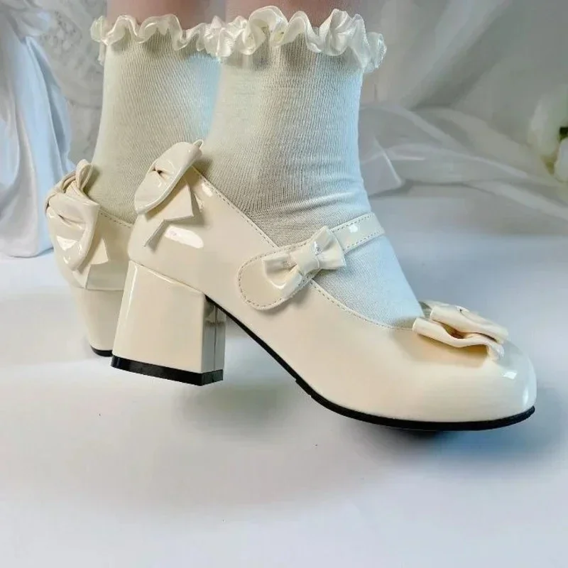 2025Lolita stile carino testa tonda Jane pompe con fiocco dolce vestito da festa da donna scarpe con tacco longuette sandali in PU moda