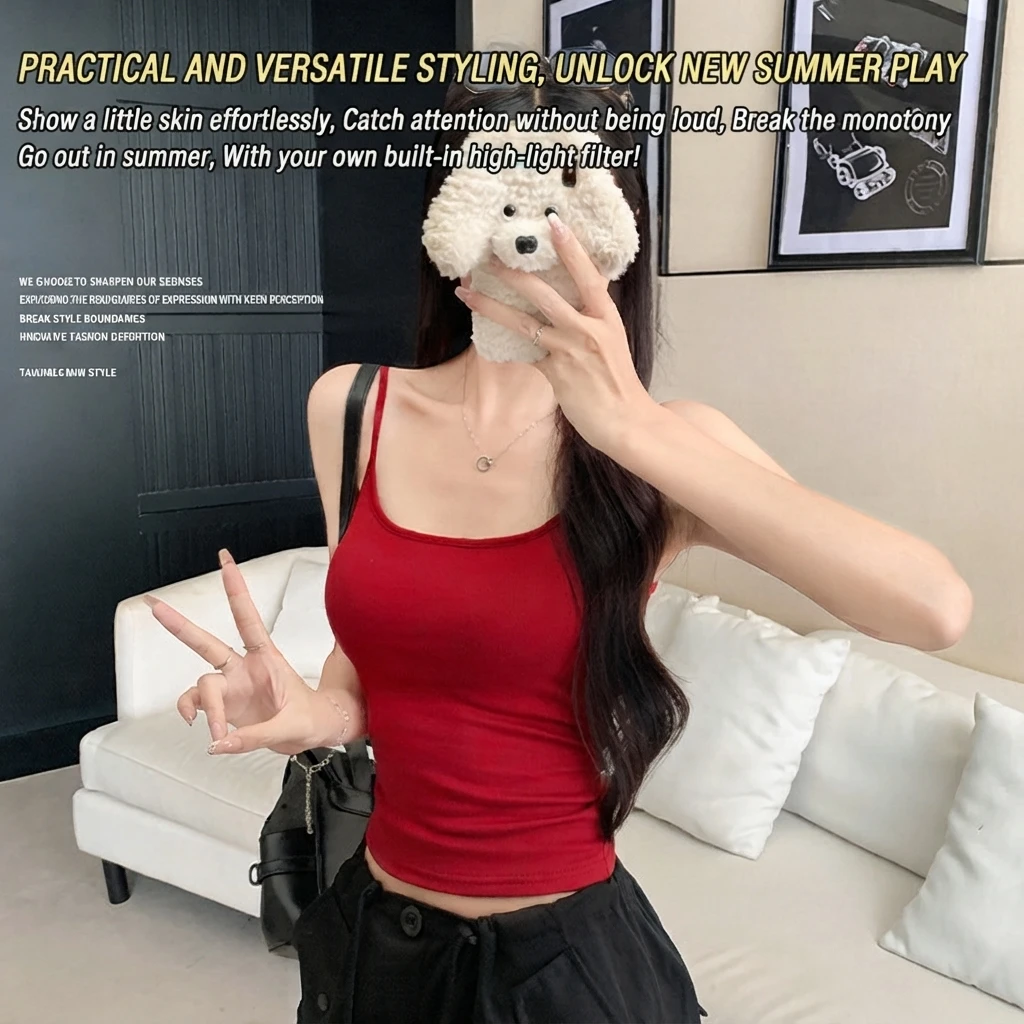 Women Sling Vest with Chest Pad Solid Color Viscose Slim Fit Sleeveless Super Short Camisole Summer Casual Inner Outer Top