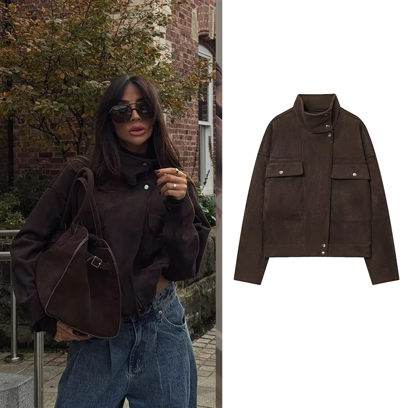 

Коричневая замшевая куртка на молнии для женщин, новое зимнее пальто, женская уличная одежда, винтажная куртка-бомбер, верхняя одежда с длинными рукавами