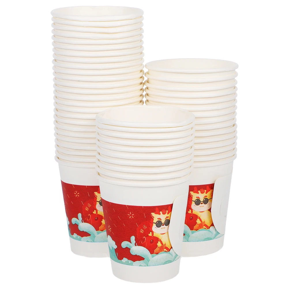 

100Pcs Quality Paper Cups With Handles Traditional Dragon Design For Weddings And Banquets Hot Beverage Serving