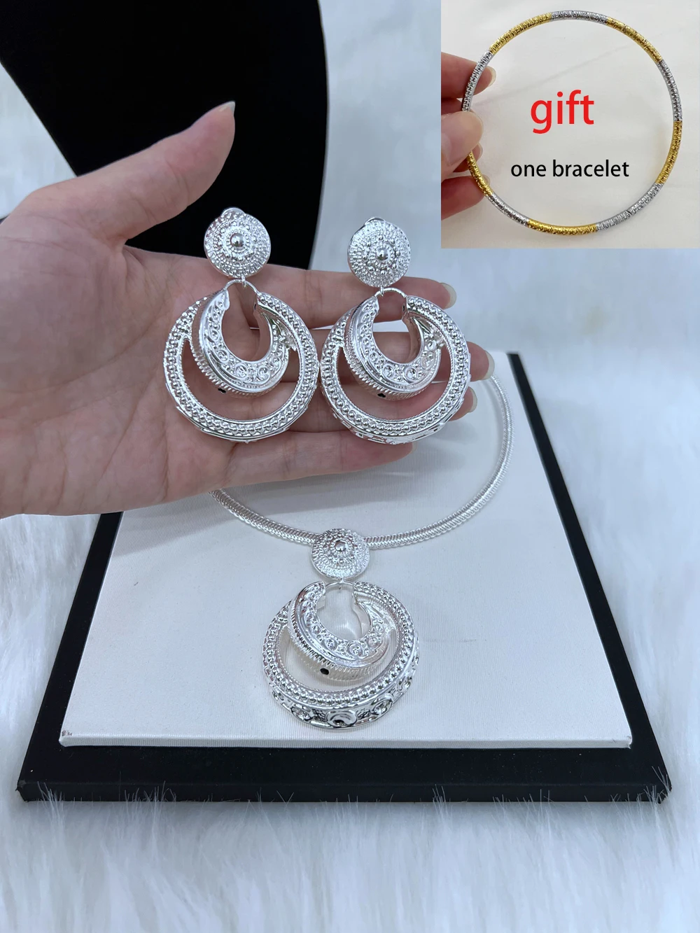 Lady Necklce Earring 2 Pcs Jewelry Set Large Pendant Silver Plated Luxury Nigeria Dubai Gold Plated Jewelry Sets For Women