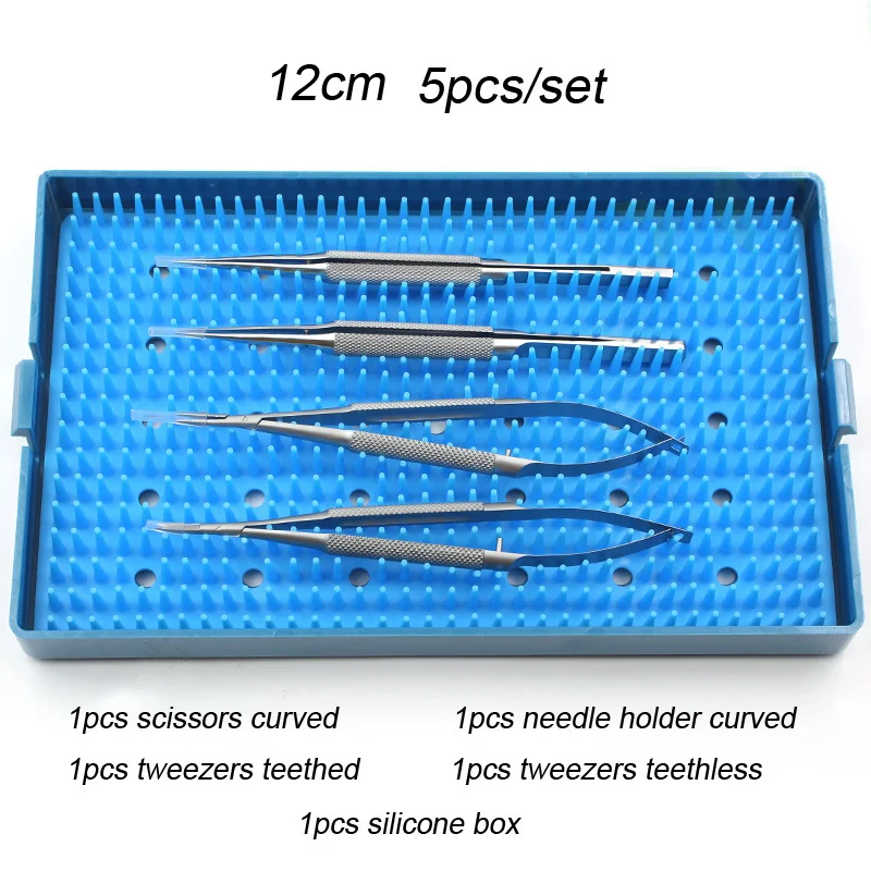 Silicone Ophthalmic Instrumento Set, Fórceps, Needle Holder, Sscissor, Esterilização Bandeja, Pinças