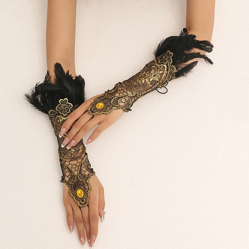 Gothic Feather Gold Lace Long Glove Bracelet Women Party Sexy Fingerless Gloves Exaggerated Lace Fishnet Gloves Accessories