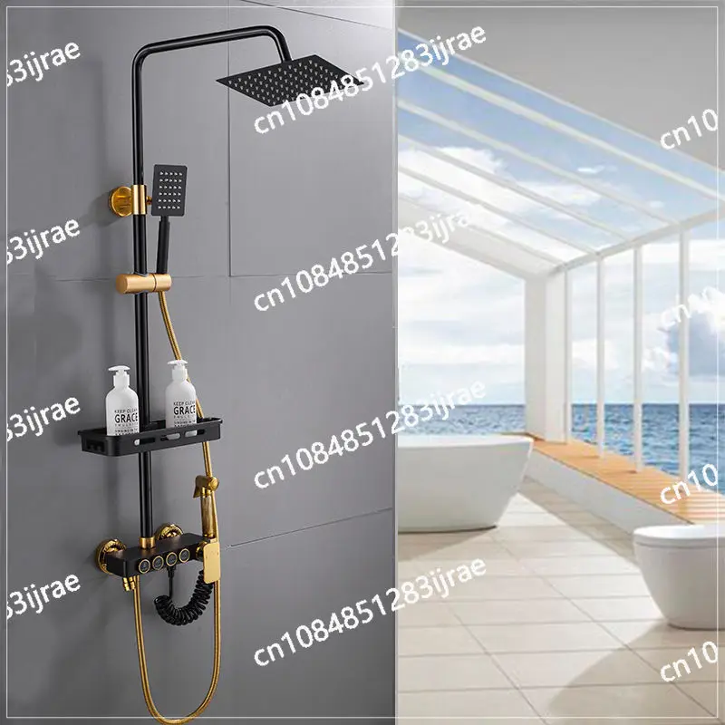 

Brass Thermostatic Shower Set Black with Gold 4 Functions Shower System Wall Mounted Bathroom Shower Faucet