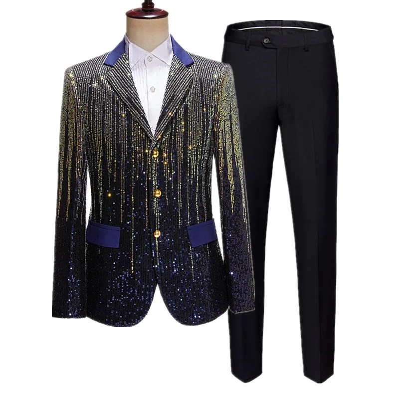 Fashion Male Sequin Suit 2 Piece Men Bar KTV Stage Performance Dress Male Gradient Clothing