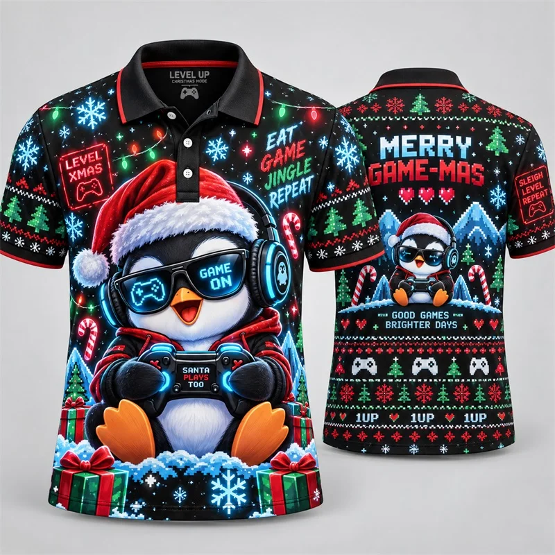 Men Christmas Gaming Penguin Polo Shirt Santa Hat Game Controller Snowflake Xmas Short Sleeve Tee Holiday Casual Tops For Male
