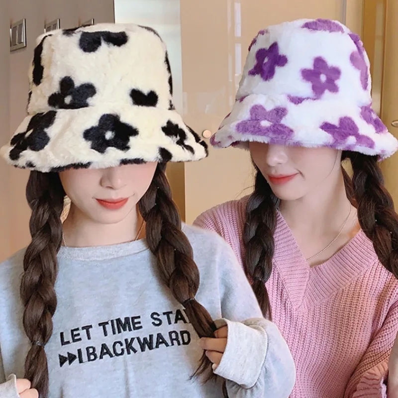 

Floral Plush Bucket Hat Women Winter Thick Soft Velvet Warm Cap Fashion Color Matching Panama Fisherman Hats Casual Outdoor Caps