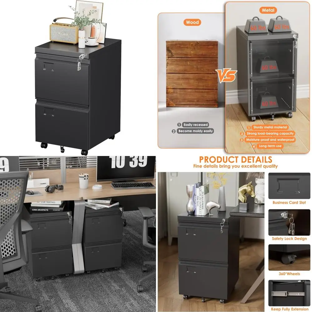 

Two-Drawer Lockable Metal File Cabinet with Name Card Holder for Home Office, Under Desk Storage for Legal Documents