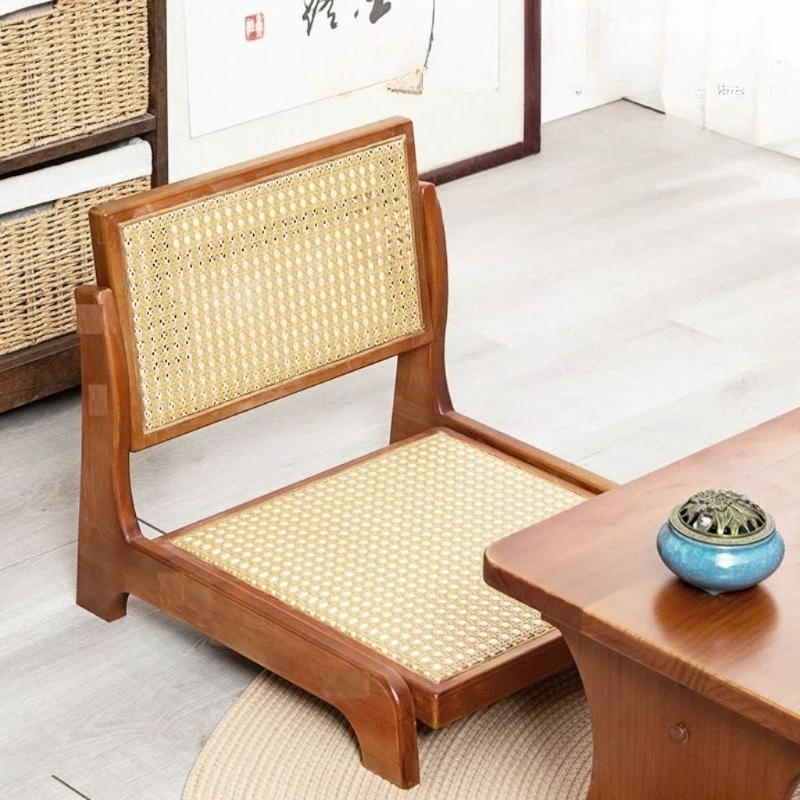

Japanese-style solid wood backrest floor chair rattan balcony bay window lazy tatami single floor stool chair