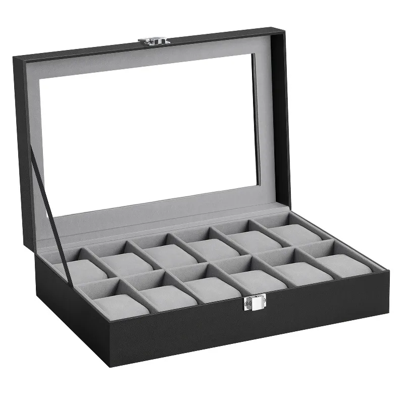 2026 New 12 Grid Watch Case with Glass Cover Removable Lining Metal Buckle Black Synthetic Leather and Lining