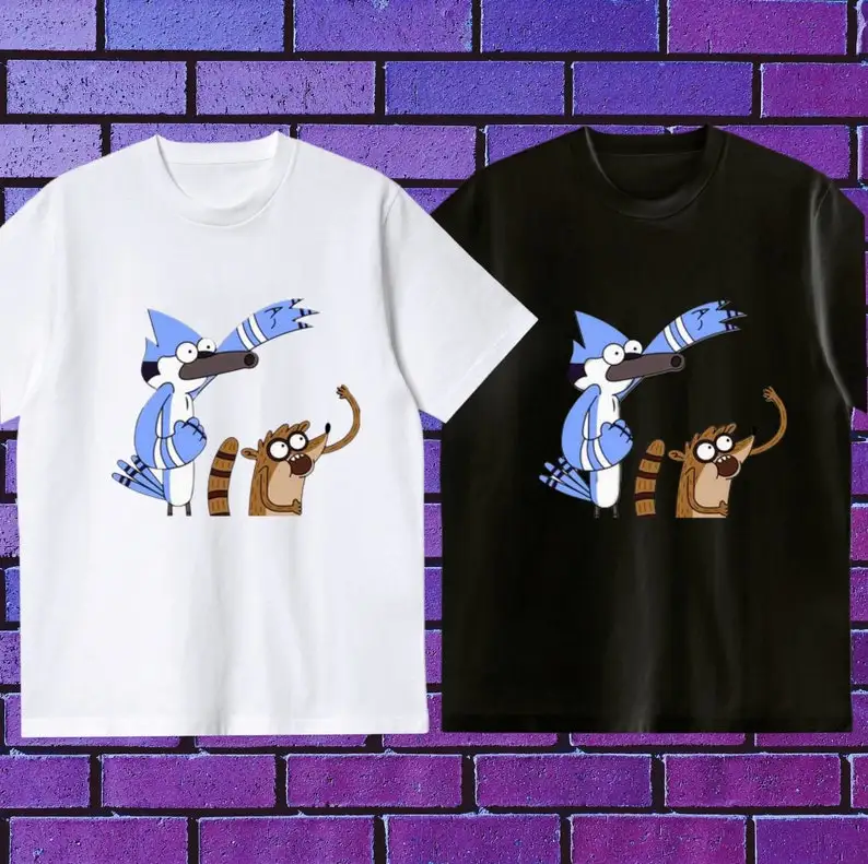 تي شيرت كارتون Mordecai and Rigby العادي تي شيرت برسومات شخصيات كلاسيكية للجنسين ملابس قطنية برنامج تلفزيوني بضائع هدية
