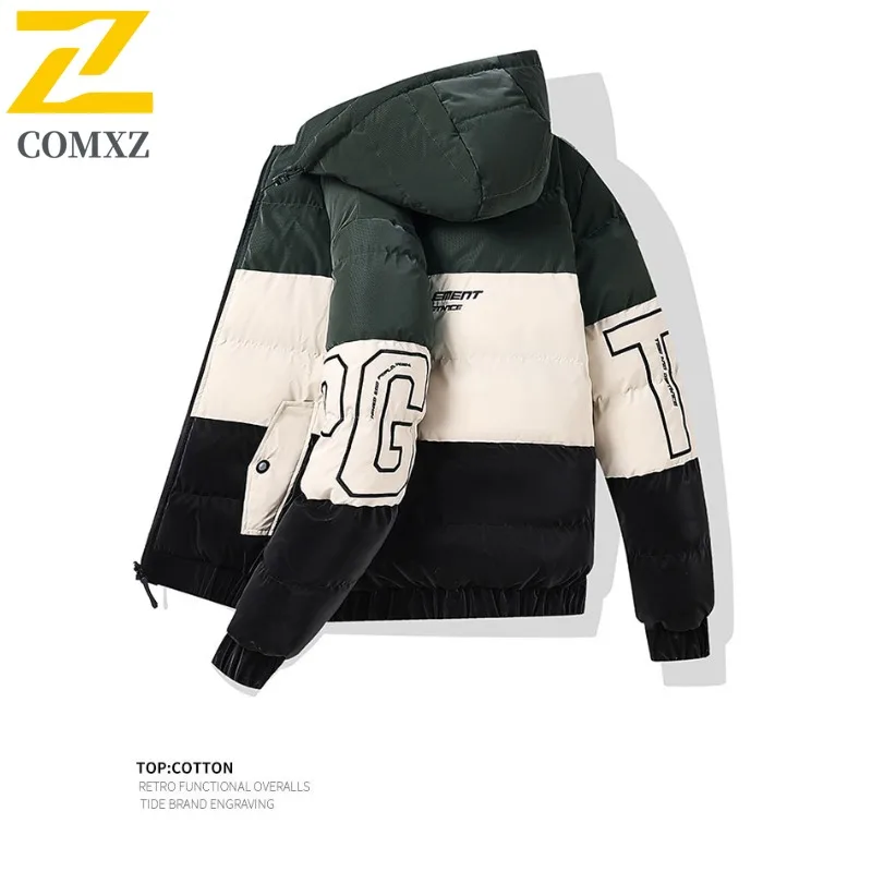 COMXZ 2025 Reversible Color Block Jacket Thickened Hooded Winter Waterproof Windproof Outdoor Sports Warm Tactics cotton-padded