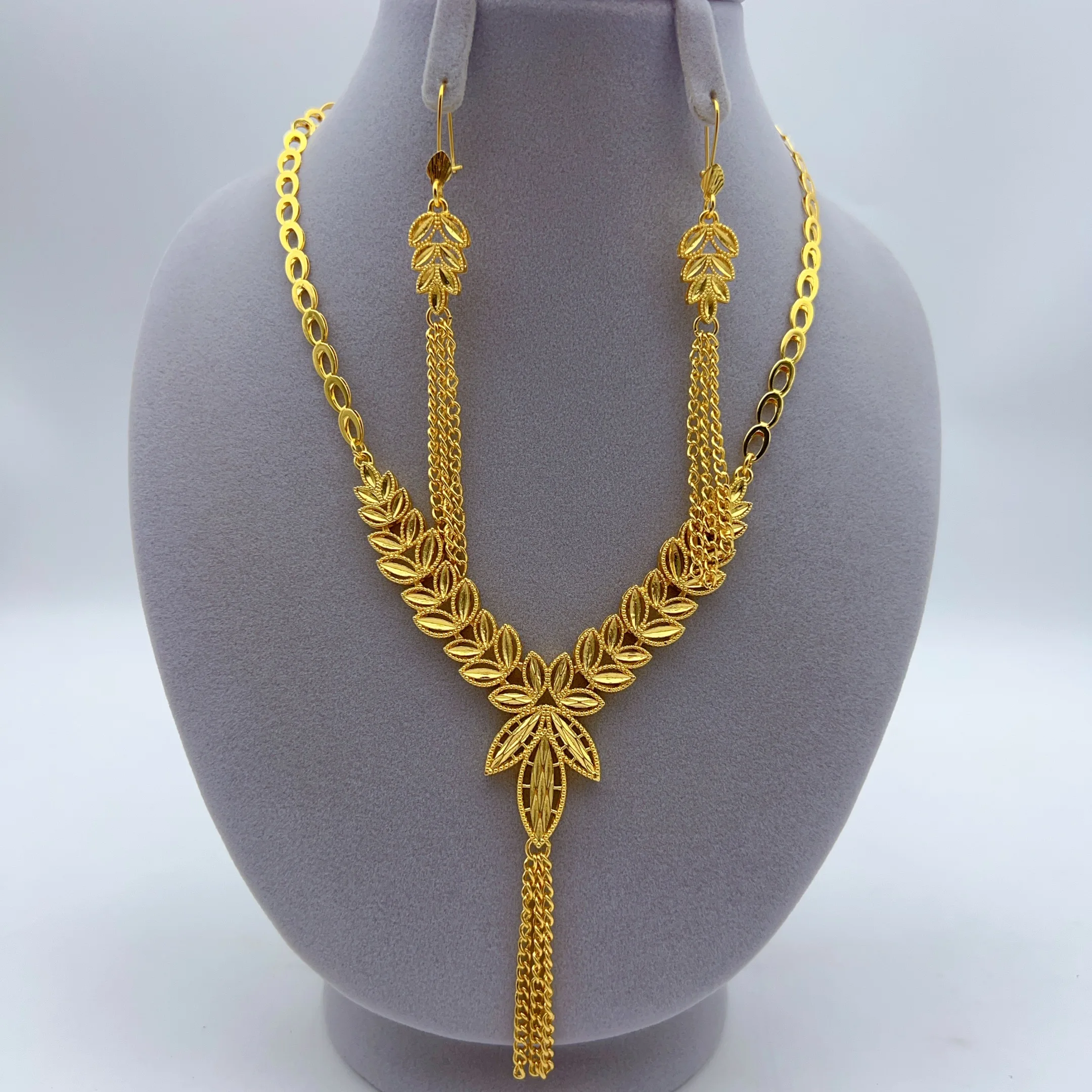 Indian 24K Gold Plated Tassel Necklace Earrings Jewelry Set For Women African Nigeria Dubai Bridal Wedding Party Gift Jewellery