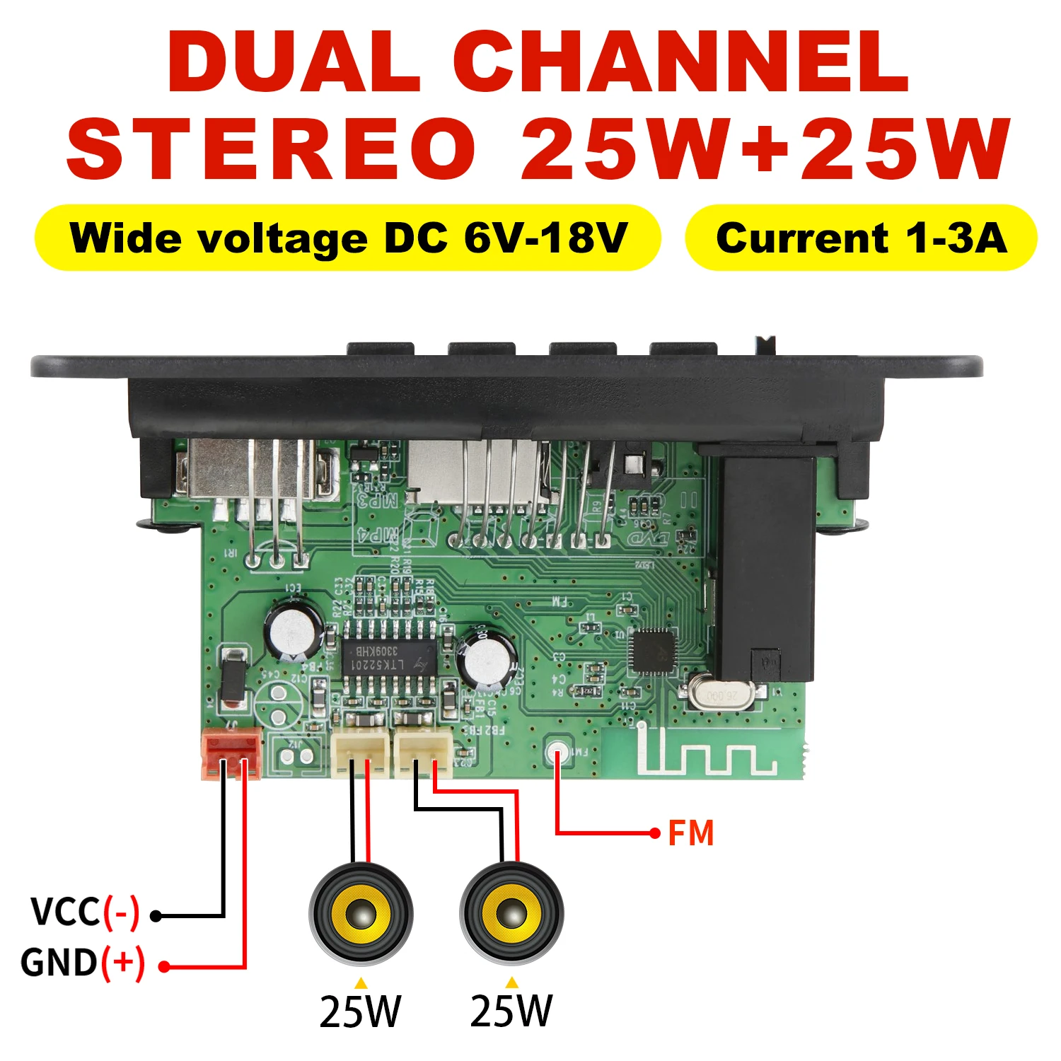 2*25W amplifier  MP3 Player Decoder Board 18V Bluetooth 5.0 50W amplifier Car FM Radio Module Support  TF USB AUX