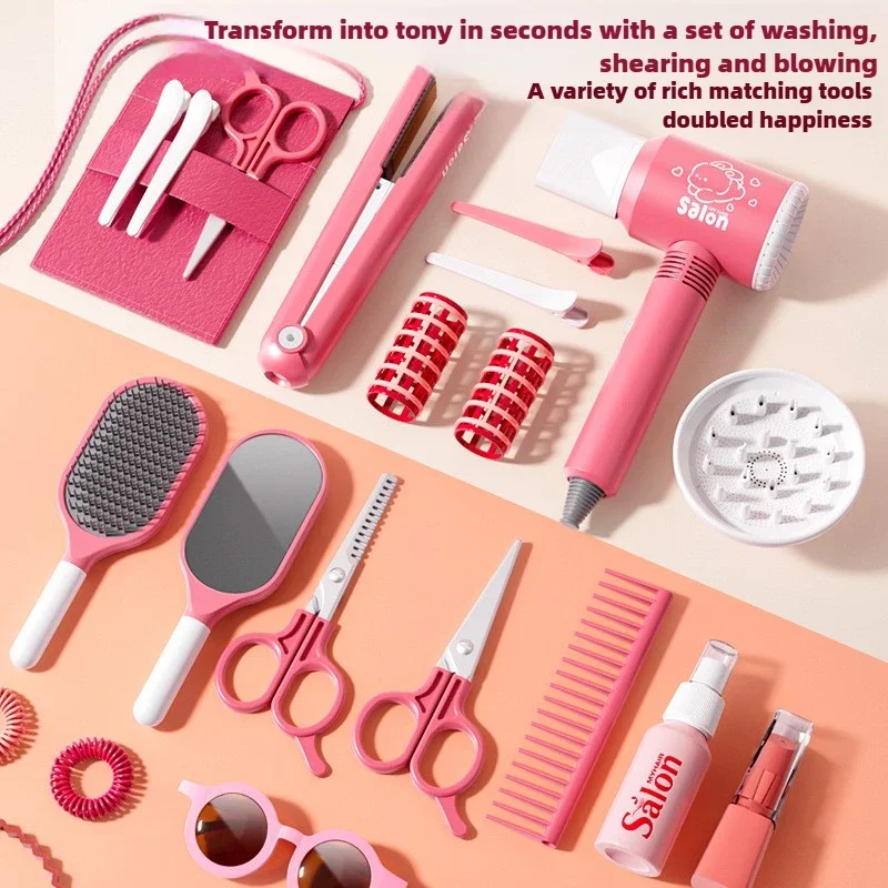 Set da salone di bellezza per ragazze, gioco di finzione, kit da taglio per capelli giocattolo da parrucchiere con grembiule a forbice per asciugacapelli e accessori per lo styling