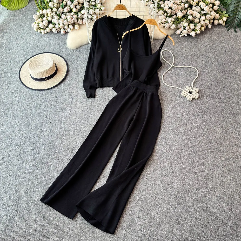 

Осенняя женская трикотажная рубашка с v-образным вырезом + короткий ремешок + широкие брюки, комплект из 3 предметов