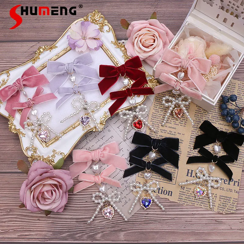 

Llolita Woman Velvet Bow Rhinestone Love Beaded Barrettes 2023 Summer New Japanese Style Sweet Cute Hair Accessories for Women