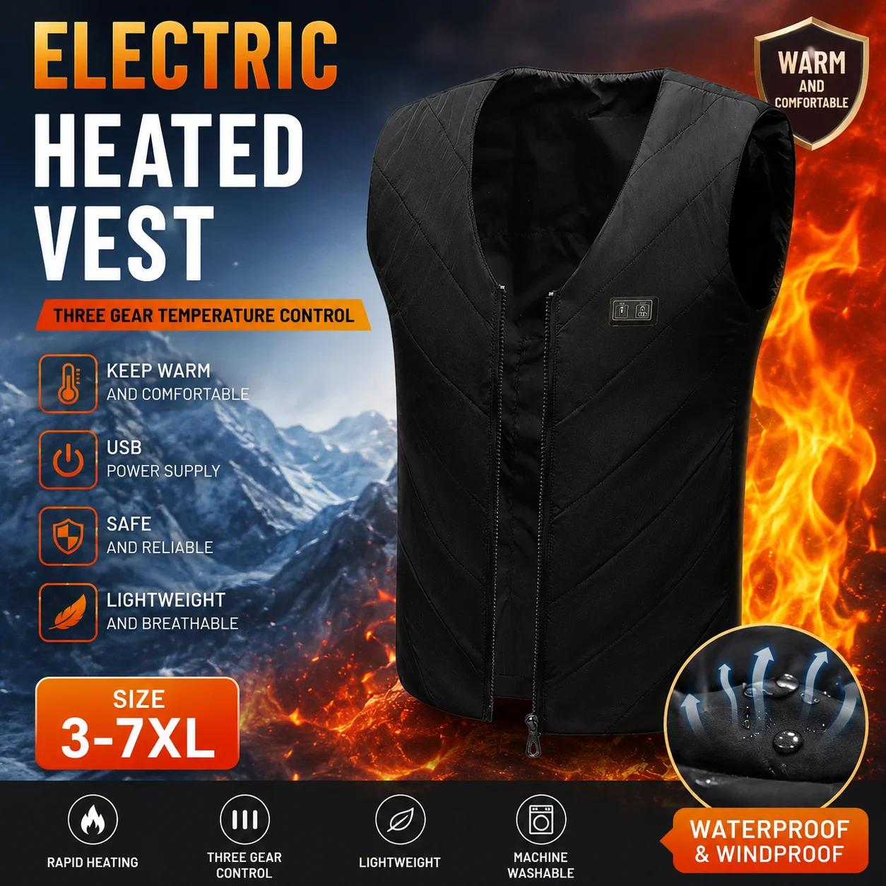 Unisex V Neck Heated Vest Loose Winter Outdoor Sports Electric Heating Sleeveless Casual Thermal Waistcoat