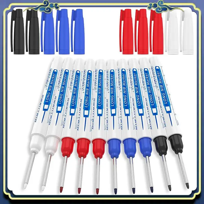 Portable 10Pcs Deep Hole Marker Pen, Multi-Purpose Long Nib Deep Reach Marker Pen, Carpentry Plastic Metal Glass Marking Tool