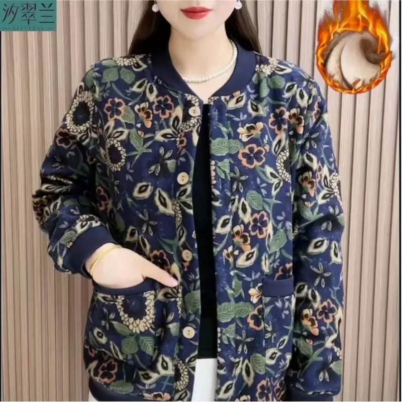 2024 Winter Vintage Art Fragmented Flower Plush Coat for Women's Loose and Slim Single breasted Thickened Print for Warm Outwear