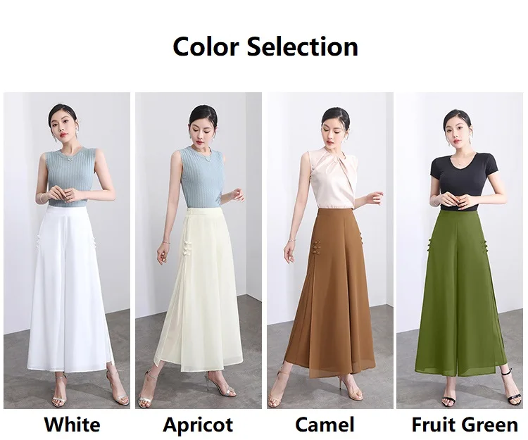 Women Side Slit Chiffon Pants Summer Thin Elastic Waist Wide Leg Pants Chic Droop Trousers Chinese Style Nine Point Pants
