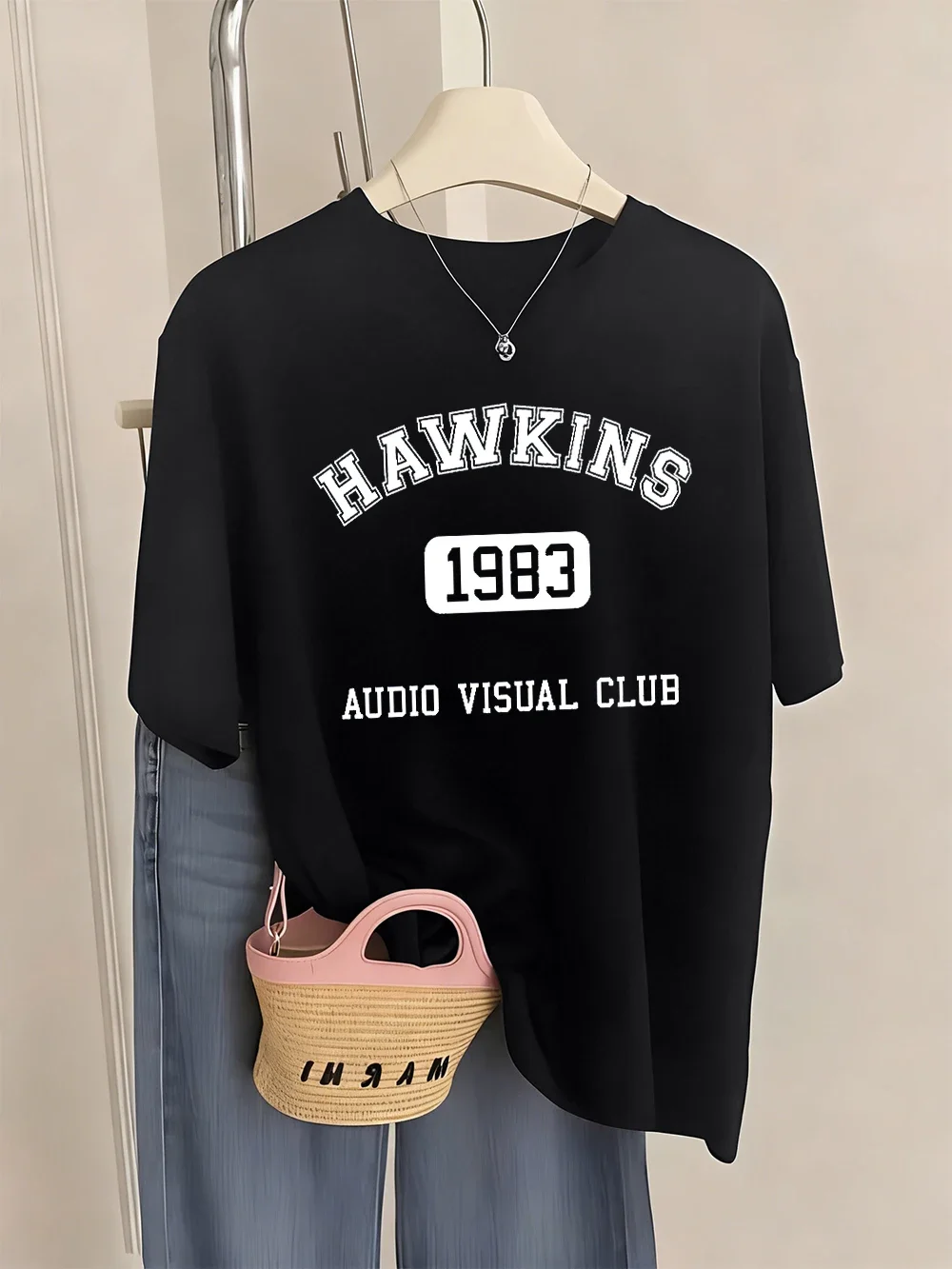 Women's Hawkins Audio Visual Club Printed T-Shirt Summer Loose Short Sleeve Top Casual Graphic Tees Harajuku Streetwear