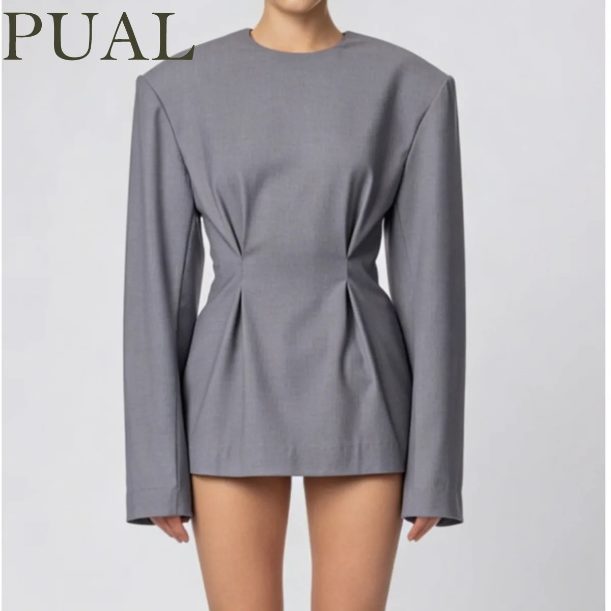 

PUAL Minimalist Solid Gray Waist Slimming Blouse Dress Women's Ins Trendy Long Sleeve Crew Neck Casual Top Plus Size Available