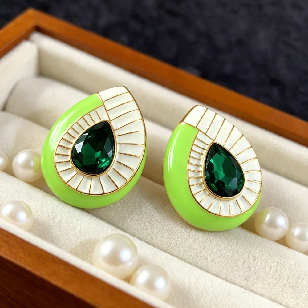 Color collision green white enamel oil droplets emerald light luxury daily party vacation ladies earrings