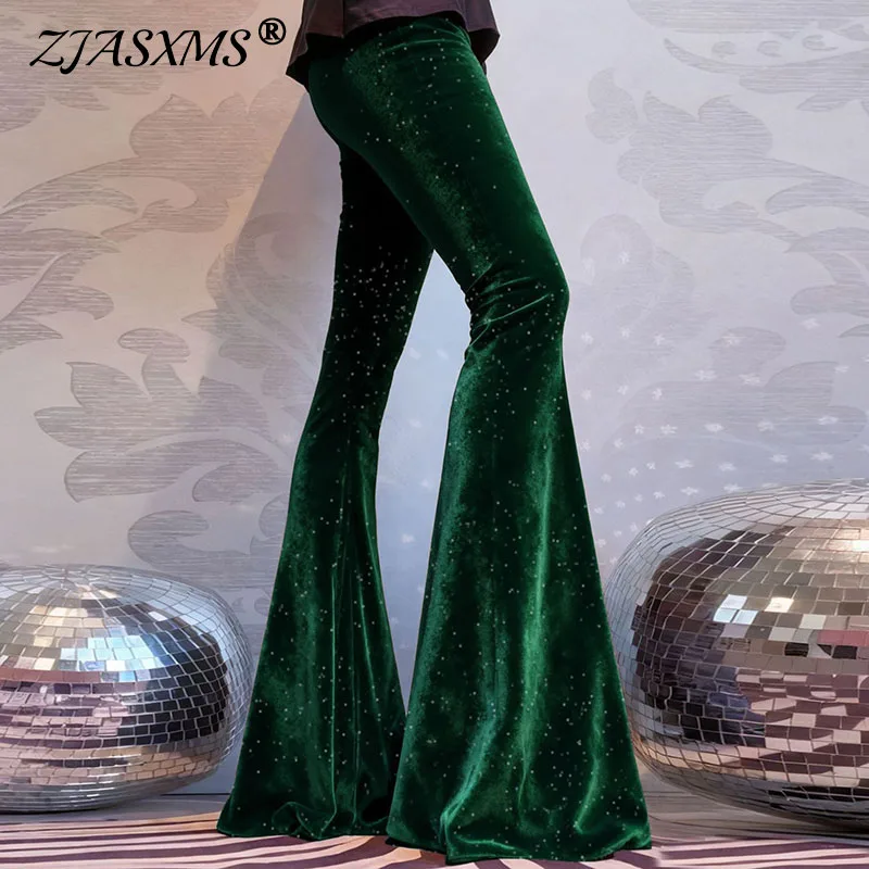 2026 Spring Casual Comforty Soft Velvet Pants Woman Elegant High Waist Slim Flared Pants New Autumn Diamonds Shiny Long Trousers