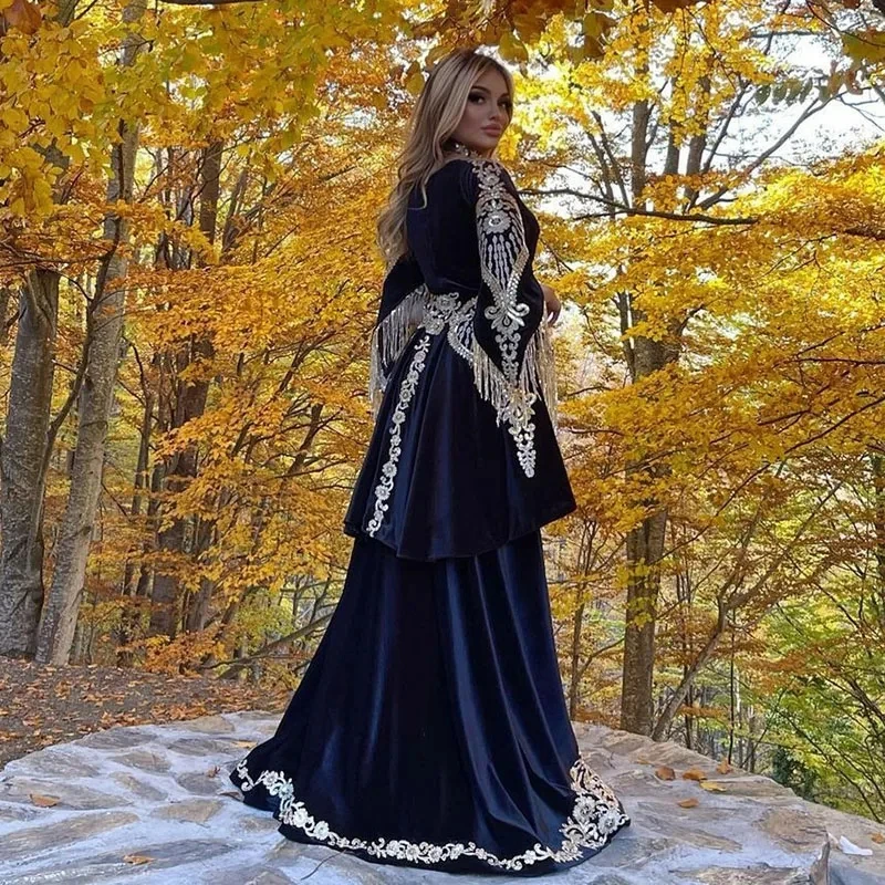 Detachable Blue Moroccan Caftan Formal Evening Dresses A-line Velvet Appliques Lace Prom Dresses Arabic Party Dresses