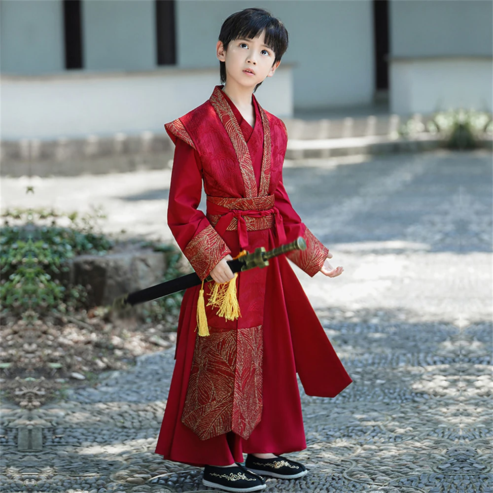 Costume Hanfu traditionnel chinois pour enfants, tenue de performance, beau, haut de gamme, imbibé de Tang, jeune maître, garçon, prairie, amélioré