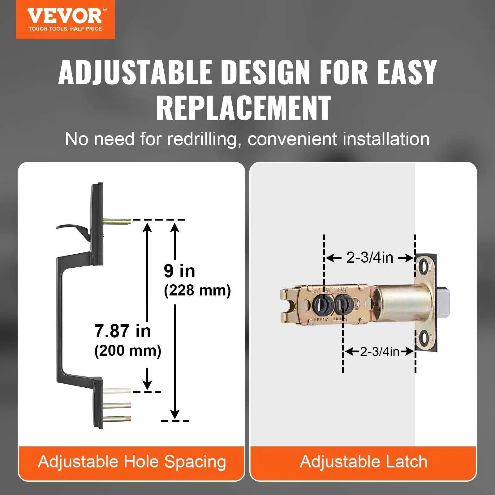 Front door handle, square handle set, lever door handle, no lock, adjustable hole spacing, entry door handle, reversible