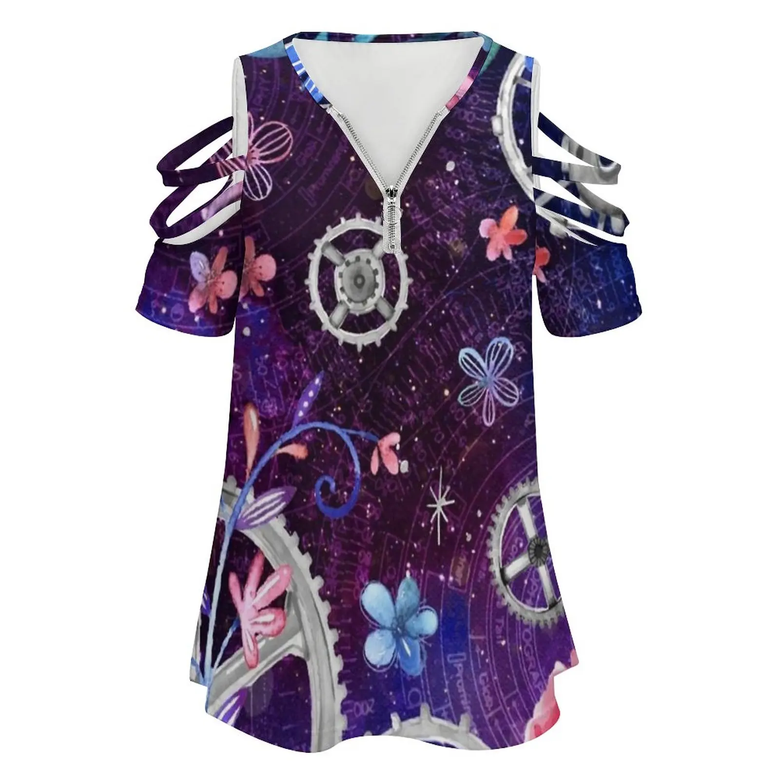 Broken Isn'T The Same New Fashion Zip Off Shoulder Top Short-Sleeve Women Shirt Floral Flowers Watercolor Galaxy Nebula Space