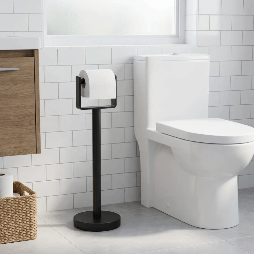 

Stainless Steel Floor Standing Toilet Paper Stand Heavy Base Suction Cup Bathroom Tissue Holder Space Saving Rustproof