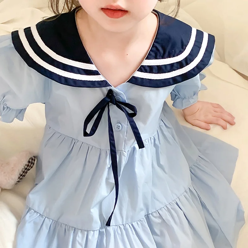 Summer Blue Dress Navy Collar Puffed Sleeve Short Sleeve Preppy Dress Frill Splicing Design Girls Sweet Princess Party Dress