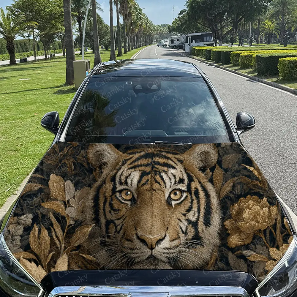 Luxury Gilded Tiger & Flower Art Car Cover Sticker, Auto Hood Decal, Car Exterior Scratch Resistant Decal, Trendy Gift for Car L