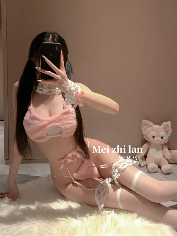 Sweetheart New Pink Sexy Lace Up Plush Bra Cute Cat Girl Uniform With Tail Temptation Three Point Underwear Bikinis Women 770S