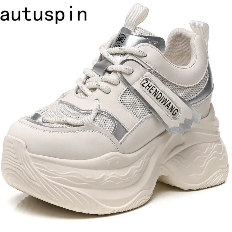 

AUTUSPIN 10.5cm Insiviable Heighten Women Shoes 2025 Spring Fashion Leisure Breathable Leather Mesh Sneakers Chunky Wedges Woman