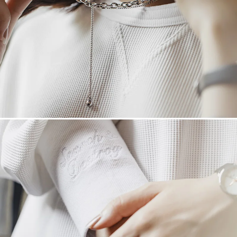 マデンホワイトワッフルニット生地トレーナー女性秋ルーズフィットラウンドネック長袖ヘンリー Tシャツトップ