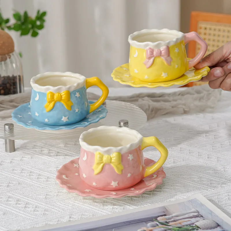 340ml Butterfly Knot Ceramic Coffee Cup and Dish Set Girl Heart Cute Pattern Design Afternoon Tea Cup Cute Design Exquisite Gift
