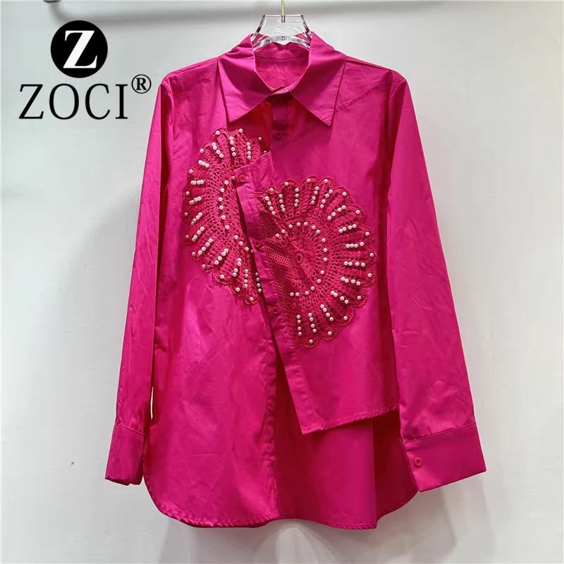 [ZOCI] European 2024 New Nail Bead Lace Heavy-duty Irregular Long Sleeved Shirt Top For Women's Fashion