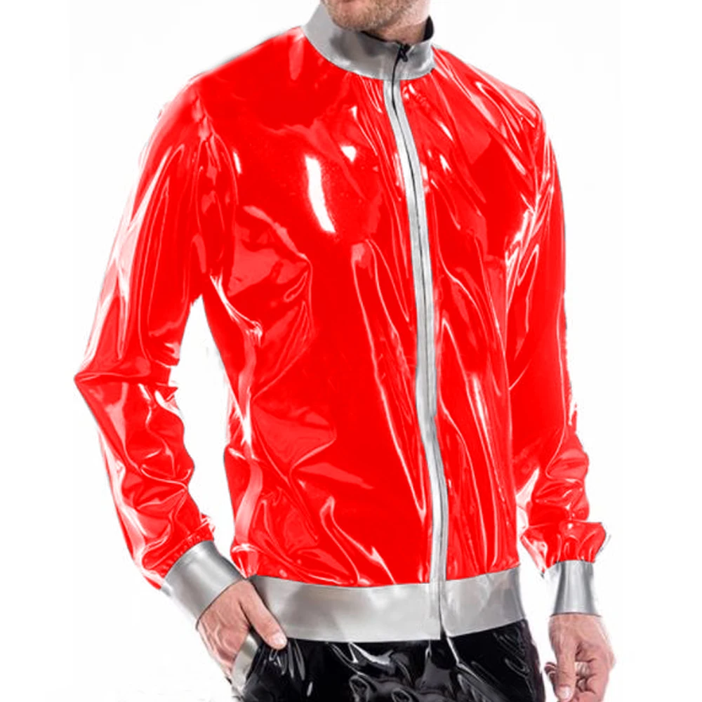 Men's Wetlook PVC Leather Jacket, Long Sleeve, Zipper, Stand Collar, Patchwork Coats, Male Training Sportswear, Shiny Clubwear